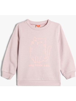 Koton Sweatshirt Kedi Baskılı Uzun Kollu Bisiklet Yaka Pamuklu