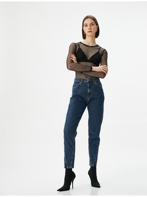 Koton Mom Fit Kot Pantolon Rahat Kesim Hafif Dar Paça Yırtmaç Detaylı Pamuklu Cepli - Mom Jean