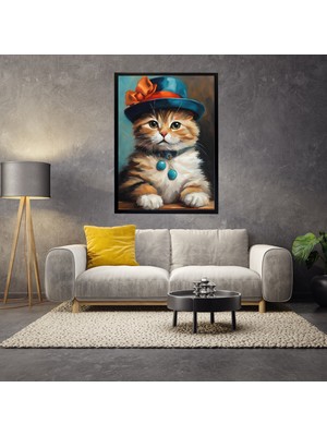 mixefor Çerçeveli Şapkalı Kedi Tablo -Modern Kanvas Baskı Tablo - Tablo Dıştan Dışa Ölçü 55CMX75CM