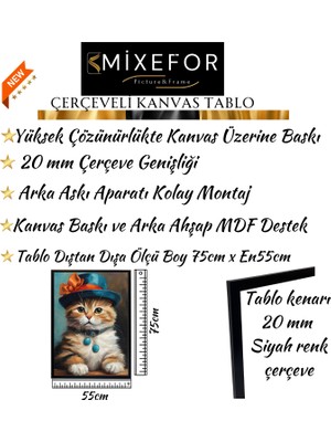 mixefor Çerçeveli Şapkalı Kedi Tablo -Modern Kanvas Baskı Tablo - Tablo Dıştan Dışa Ölçü 55CMX75CM