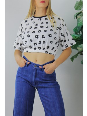 1 Dünya Shop 1ds 1 Dünya Shop Beli Lastikli Desenli Crop Tişört Beyaz - 121908 26