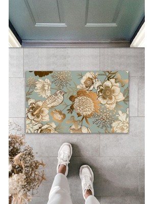 Çok Amaçlı Dekoratif Dijital Baskı Turkuaz-Gold Kuş Dış Mekan Paspas