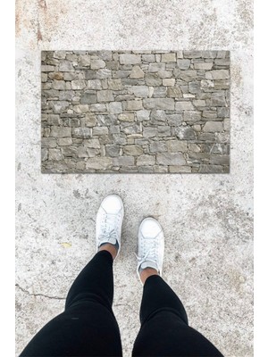 Dijital Baskı Gri Dış ve Iç Mekan Taş Duvar Desen Kapı Önü Paspası