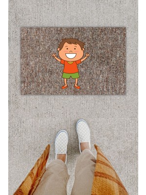 Dijital Baskı Dekoratif Gülen Çocuk Gri Kapı Önü Paspası