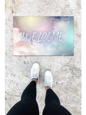 Dijital Baskı Mavi Dış ve Iç Mekan Bulut Desen Kapı Önü Paspası