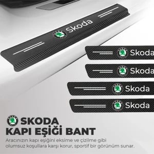 Fruens Skoda Logolu Karbon Kapı Eşiği Koruyucu Bant Folyo 4'lü Set
