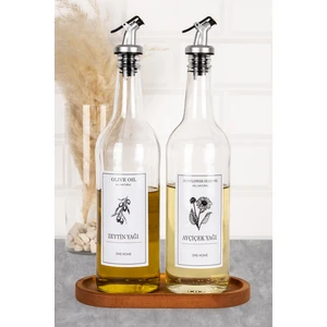 DNS Home 2'li Cam Yağdanlık Ahşap Stantlı Zeytinyağı Ayçiçek Yağı Şişesi Kilitbaşlık Yağlık Yağdanlık 750 ml