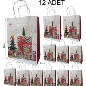 Saplı Kraft Yılbaşı Hediye Çantası Poşeti 26X9,5X19 cm 12 Adet Model 4