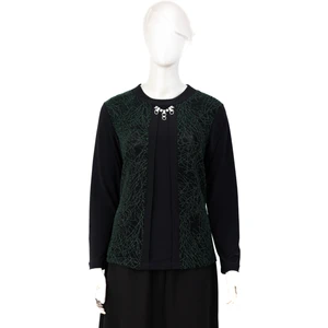 Kadın Sandy Kumaş Anne Bluz Simli Desenli Broşlu Yuvarlak Yaka Likralı Rahat Kesim Tam Kalıp