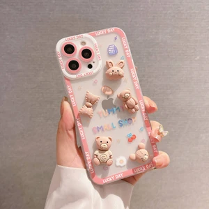 Apple iPhone 13 Pro Max Uyumlu Kılıf Zebana Bear And Rabbit Silikon Kılıf Pembe