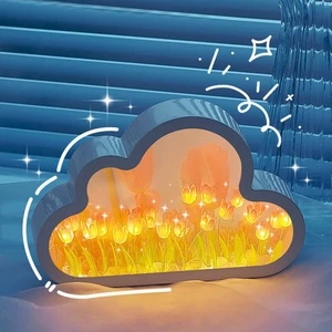 Bulut Ayna Gece Lambası El Yapımı Dıy Lale Kız Oturma Odası Gece Lambası Küçük Ayna Masaüstü Işık Yayan Süsler-A (Yurt Dışından)