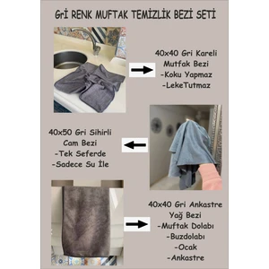 Gri Mutfak Temizlik Bezi 3'lü Set - Kareli Mutfak Bezi-Sihirli Cam Bezi- Ankastre Yağ Bezi