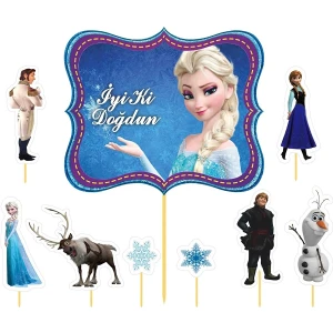 Atölye7 Tasarım 9 Adet Elsa ve Arkadaşları Frozen Karlar Ülkesi Kürdanlı Cupcake Pasta Süsü Süsleme Kalın Kağıt