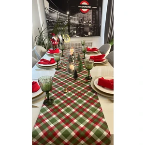 Decamor Home Yeni Yıl Ekose Desen Kırmızı - Yeşil Uzun Runner Yılbaşı Özel Masası