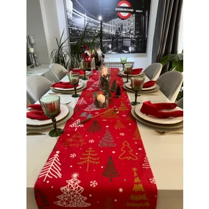 Decamor Home Yeni Yıl Temalı Kırmızı Ağaç Desenli Uzun Runner Yılbaşı Özel Masası