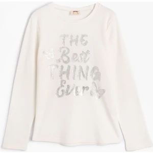 Tişört Uzun Kollu Bisiklet Yaka Dokulu Slogan Baskılı Pamuklu