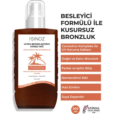 Sinoz Kusursuz Bronzlaştırıcı Güneş Yağı Spreyi 200 ML Hindistan Cevizi Kakao Havuç Yağı