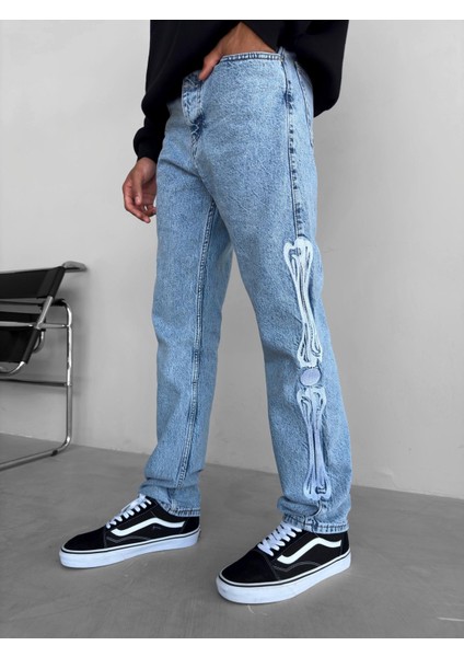 Baggy Fit Nakış İşlemeli Jean Mavi