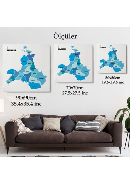 Balıkesir Ili ve Ilçeler Haritası Dekoratif Kanvas Tablo 1281