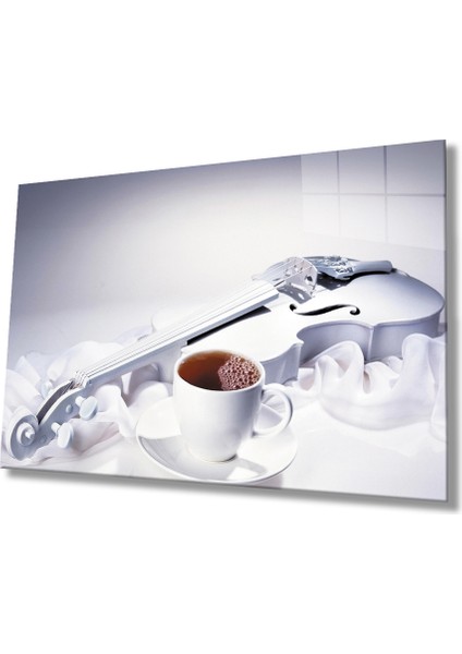 Müzik Çay Keman Mutfak Natürmort Cam Tablo