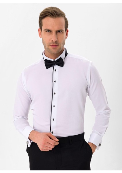 Slim Fit Ata Yaka Düz Siyah Erkek Gömlek GM3000900231