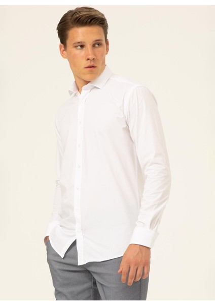 Slim Fit Klasik Yaka Düz Beyaz Erkek Gömlek GM1007100527 fiyatları