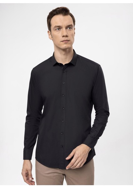 Slim Fit Klasik Yaka Düz Siyah Erkek Gömlek GM1007100547 fiyatları
