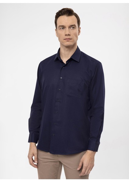 Regular Fit Klasik Yaka Armürlü Lacivert Erkek Gömlek GM2025000303