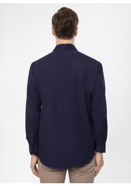 Regular Fit Klasik Yaka Armürlü Lacivert Erkek Gömlek GM2025000303