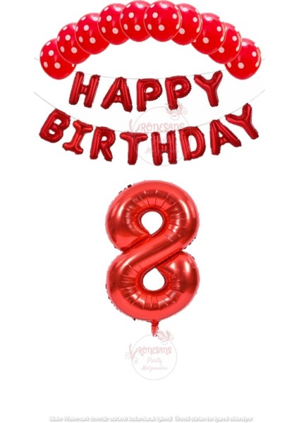 Kırmızı Renk Happy Bırthday Rakam Folyo Balon Puanlı Balon Seti Yaş 8