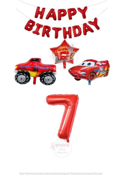 Kırmızı Renk Happy Bırthday Rakam Araba ve Jeep Folyo Balon Seti Yaş 7