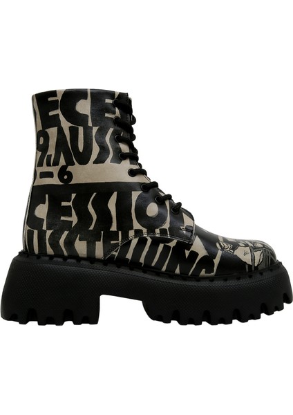 Kadın Vegan Deri Siyah Uzun Bot - Supper Black White Tasarım fırsatları