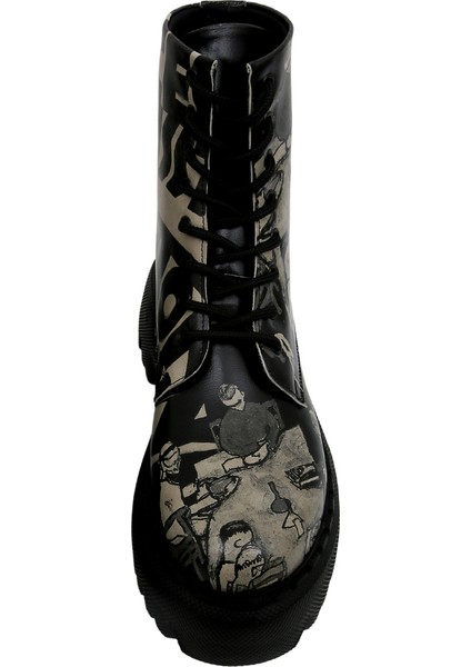 Kadın Vegan Deri Siyah Uzun Bot - Supper Black White Tasarım indirimleri