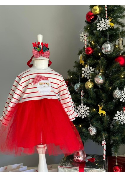 Kız Çocuk Yeni Yıl Noel Baba Tüllü Yılbaşı Elbise Taç Hediyeli