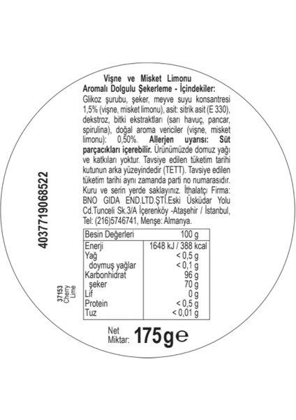 Vişne ve Misket Limonu Aromalı Dolgulu Şeker 175 gr