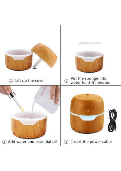 300ML Ultrasonik Hava Nemlendirici Hava Temizleme Cihazı Yağ Difüzörü USB Temel 7 Renk Değişimi LED Gece Lambası ile Ofis Ev Için (Açık Ahşap) (Yurt Dışından)