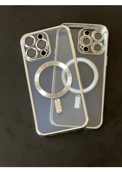 iPhone 14 PRO Max Silver Çerçeveli Şeffaf - Magsafe - Kamera Korumalı