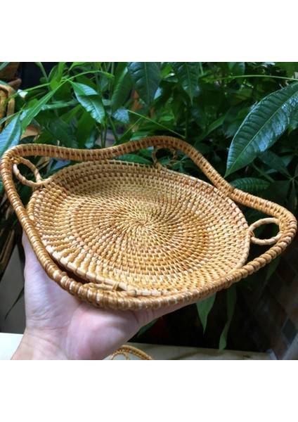 Yuvarlak Rattan Tepsi Kolları ile Çay Ekmek Servis Sepeti Dokuma Depolama Tepsisi Ev Dekorasyon, 2 Adet (Yurt Dışından)