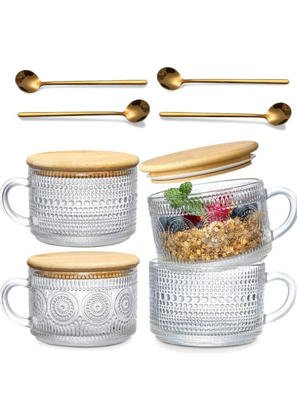 4 Adet Set Vintage Kahve Kupaları, Bambu Kapaklı ve Kaşıklı Gecelik Yulaf Kapları - 14OZ Şeffaf Kabartmalı Cam Bardaklar (Yurt Dışından)