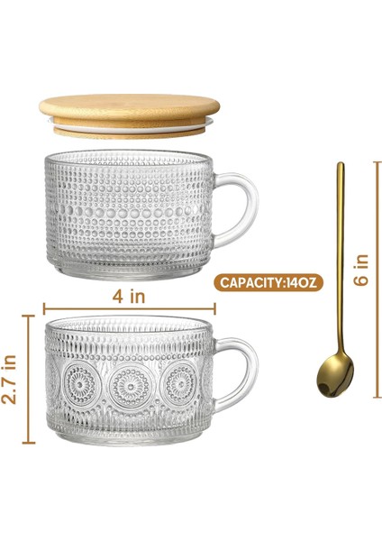 4 Adet Set Vintage Kahve Kupaları, Bambu Kapaklı ve Kaşıklı Gecelik Yulaf Kapları - 14OZ Şeffaf Kabartmalı Cam Bardaklar (Yurt Dışından) fiyatları