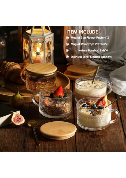 4 Adet Set Vintage Kahve Kupaları, Bambu Kapaklı ve Kaşıklı Gecelik Yulaf Kapları - 14OZ Şeffaf Kabartmalı Cam Bardaklar (Yurt Dışından) indirimleri
