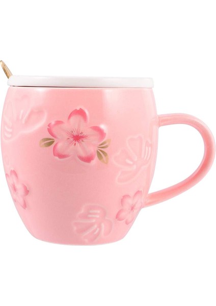 Pembe Seramik Bardak Seti Sevimli Çay Fincanı Kumtaşın Kahve Fincanı Kupa Çay Fincanı Kahve Fincanı Doğum Günü Hediyesi Seramik Kapaklı Kaşık 400 ml (Yurt Dışından)