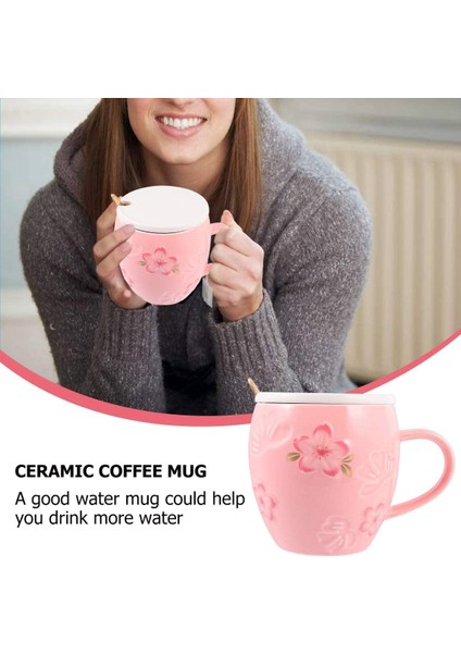 Pembe Seramik Bardak Seti Sevimli Çay Fincanı Kumtaşın Kahve Fincanı Kupa Çay Fincanı Kahve Fincanı Doğum Günü Hediyesi Seramik Kapaklı Kaşık 400 ml (Yurt Dışından)