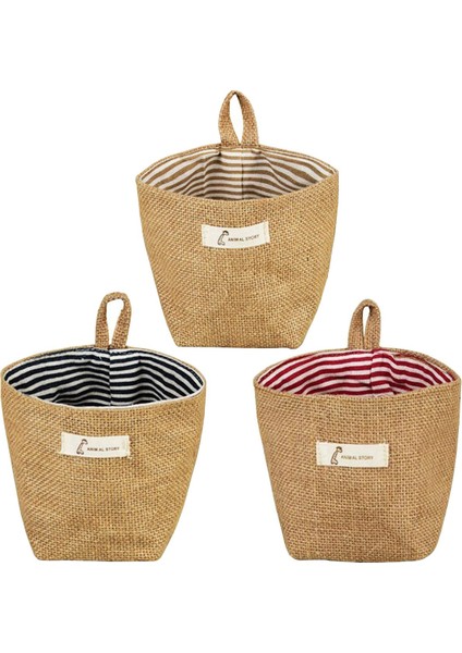 3 Adet Asılı Saklama Çantası Pamuk Keten Depolama Sepeti Katlanabilir, Oda Duvar Kapı Dolap Için Dekor Kutusu Çantası (Şerit) (Yurt Dışından)