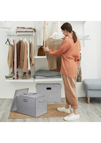 Kapaklı Kumaş Saklama Kutuları - Giysiler Için Kalın Katlanabilir Dolap Saklama Kutuları Dekoratif Saklama Kutuları Keten (Yurt Dışından) fırsatları
