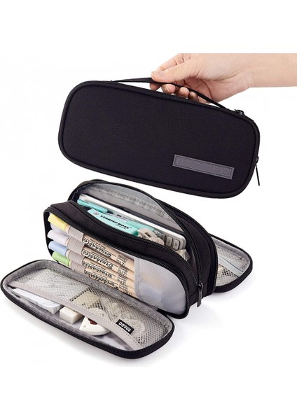 Kalem Kutusu Büyük Kapasiteli El 3 Bölmeli Kalem Kılıfı Yetişkin Öğrenciler Için Taşınabilir Büyük Depolama Kanvas Kalem Çantası Iş Ofisi (Siyah) (Yurt Dışından)