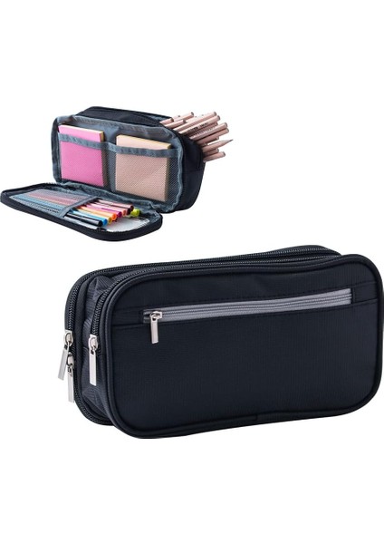 Büyük Kapasiteli Tuval Kalem Kutusu 3 Bölmeli Çanta Çok Fonksiyonlu Marker Kalem Kılıfı Tutucu Ofis Koleji Okul Erkek Adam Için Genç Öğrenci Yetişkin (Siyah) (Yurt Dışından)