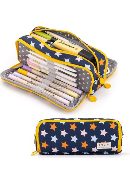 Büyük Kalem Kutusu Büyük Kapasiteli 3 Bölmeli Genç Erkek Kız Okul Öğrencileri Için Tuval Kalem Çantası (Donanma Yıldızı) (Yurt Dışından)