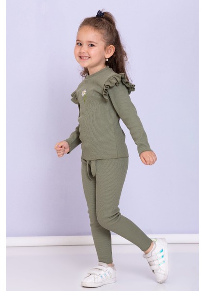 Kız Bebek Çocuk Papatyalı Fitilli Kaşkorse Uzun Kollu Tayt 2'li Takım modelleri