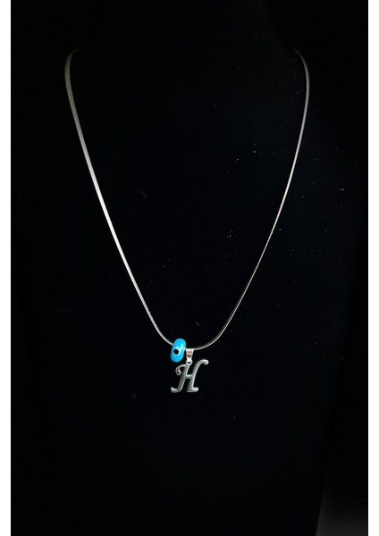 Caprea Çelik H Harfi Nazarlı Harf Kolye Gümüş Renkli Kararmaz Italyan Zincir Kadın Kolye 45 cm